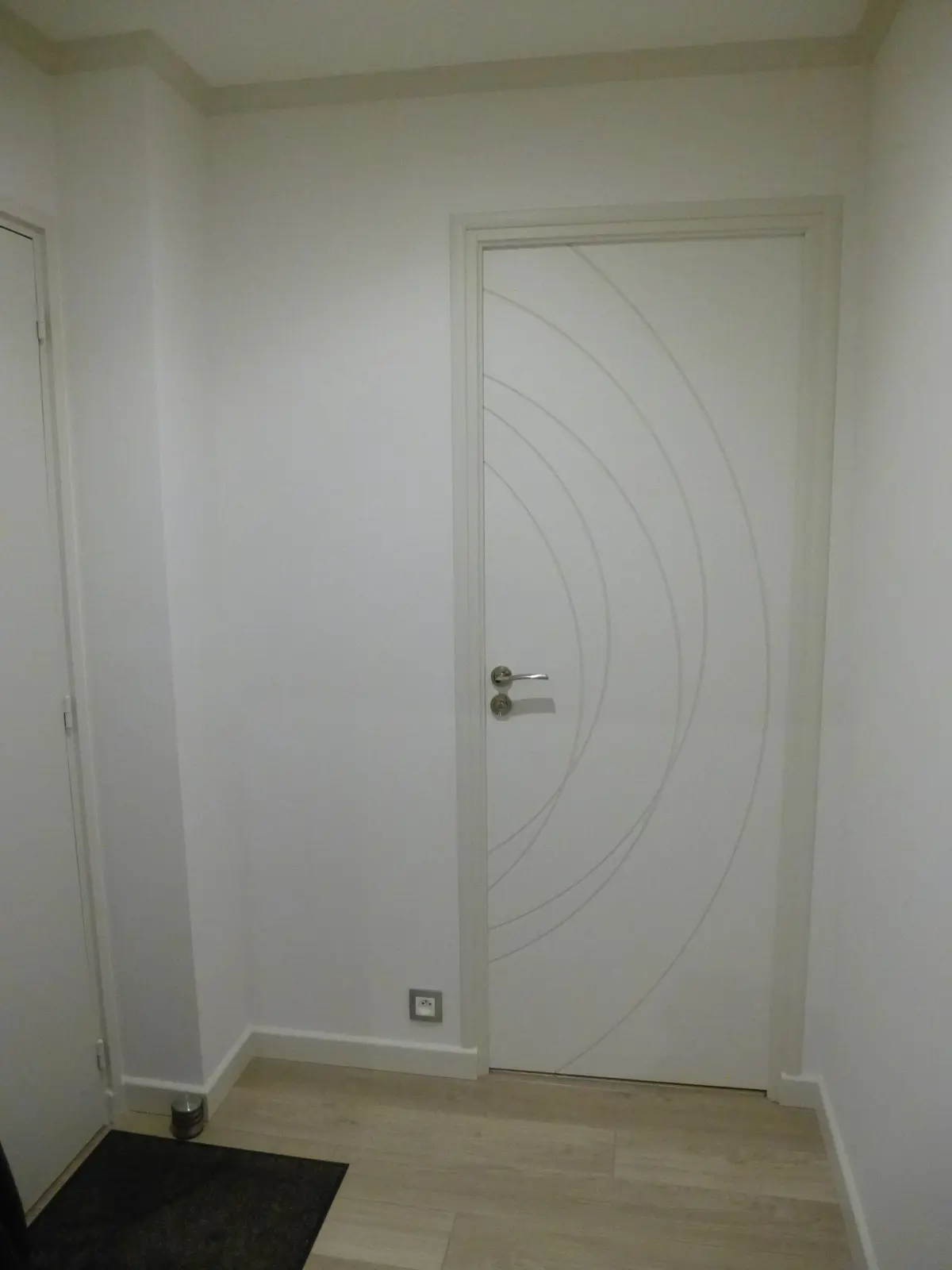 Couloir fraîchement peint avec une porte blanche moderne ornée de lignes courbes en relief. Les rainures sont mises en valeur par une teinte plus foncée, apportant un contraste subtil et une touche contemporaine à l'ensemble.